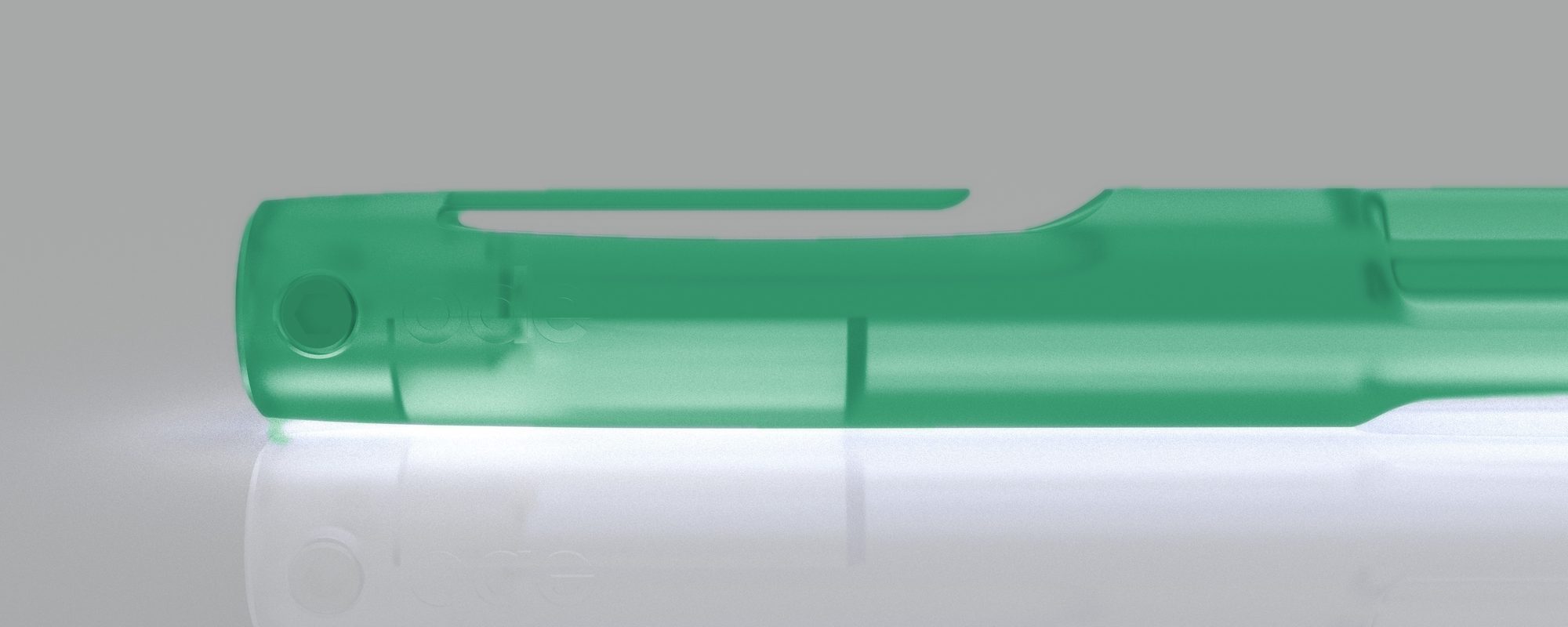 Close-up of the end of the pen with the hex screw and the ode wordmark