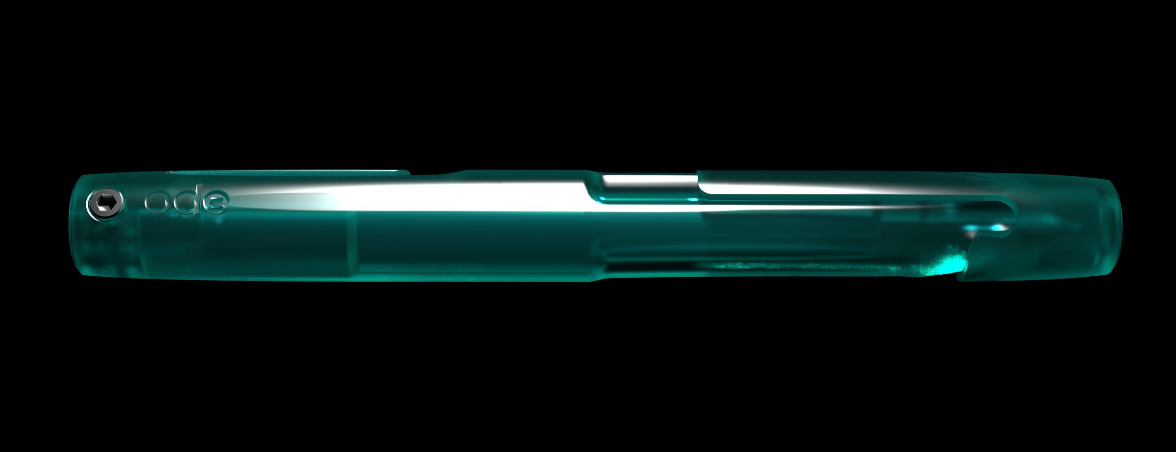 The Ode Pen in emerald resin, lying on its side with its reflection below